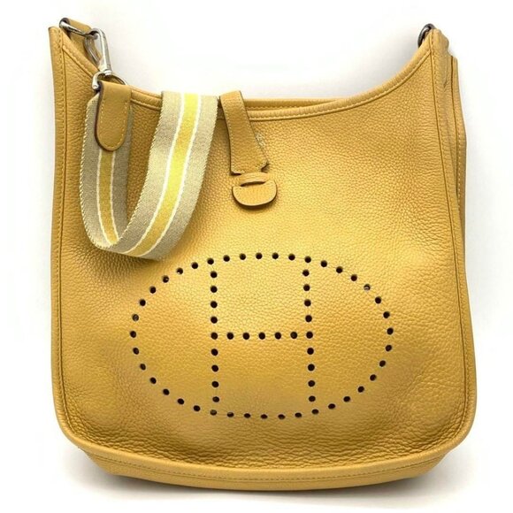 HERMES Evelyne PM I Yellow Mustard Clemence Leather Shoulder Bag Tote Purse